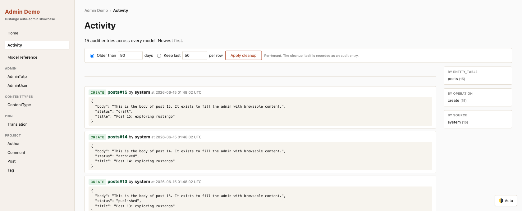 The Activity feed: every audited change across models with JSON diffs, facet cards by table/operation/source, and a cleanup form