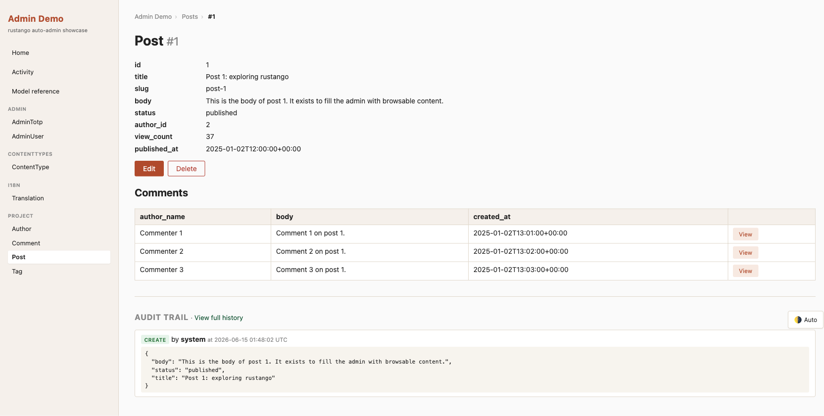 A post's detail page: read-only fields, the Comments inline table, and the audit-trail card showing the create entry as a JSON diff