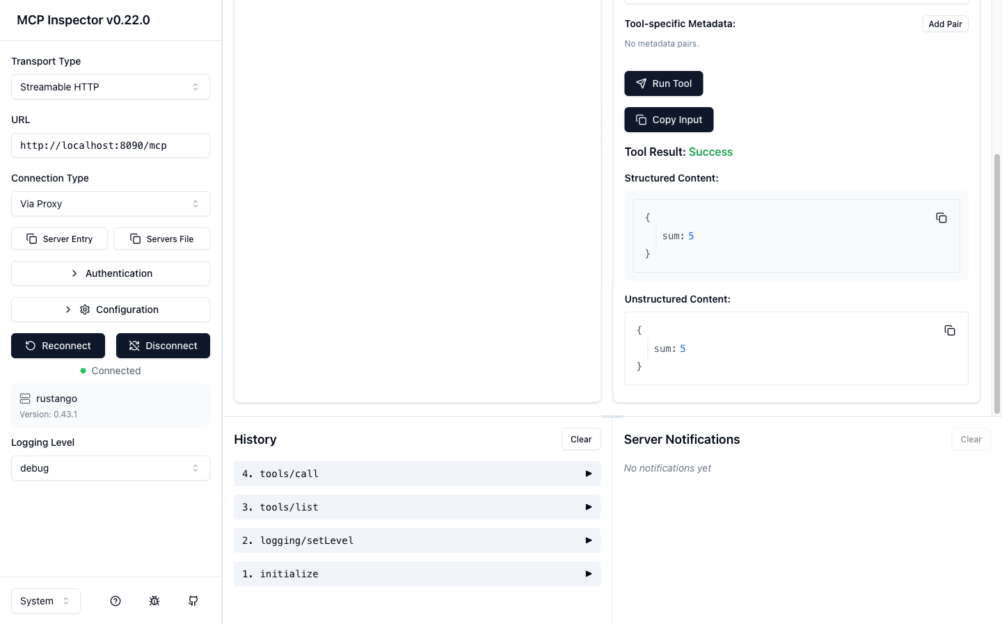 The same Inspector after running the tool: Tool Result Success with structured content { sum: 5 }, and the JSON-RPC call history