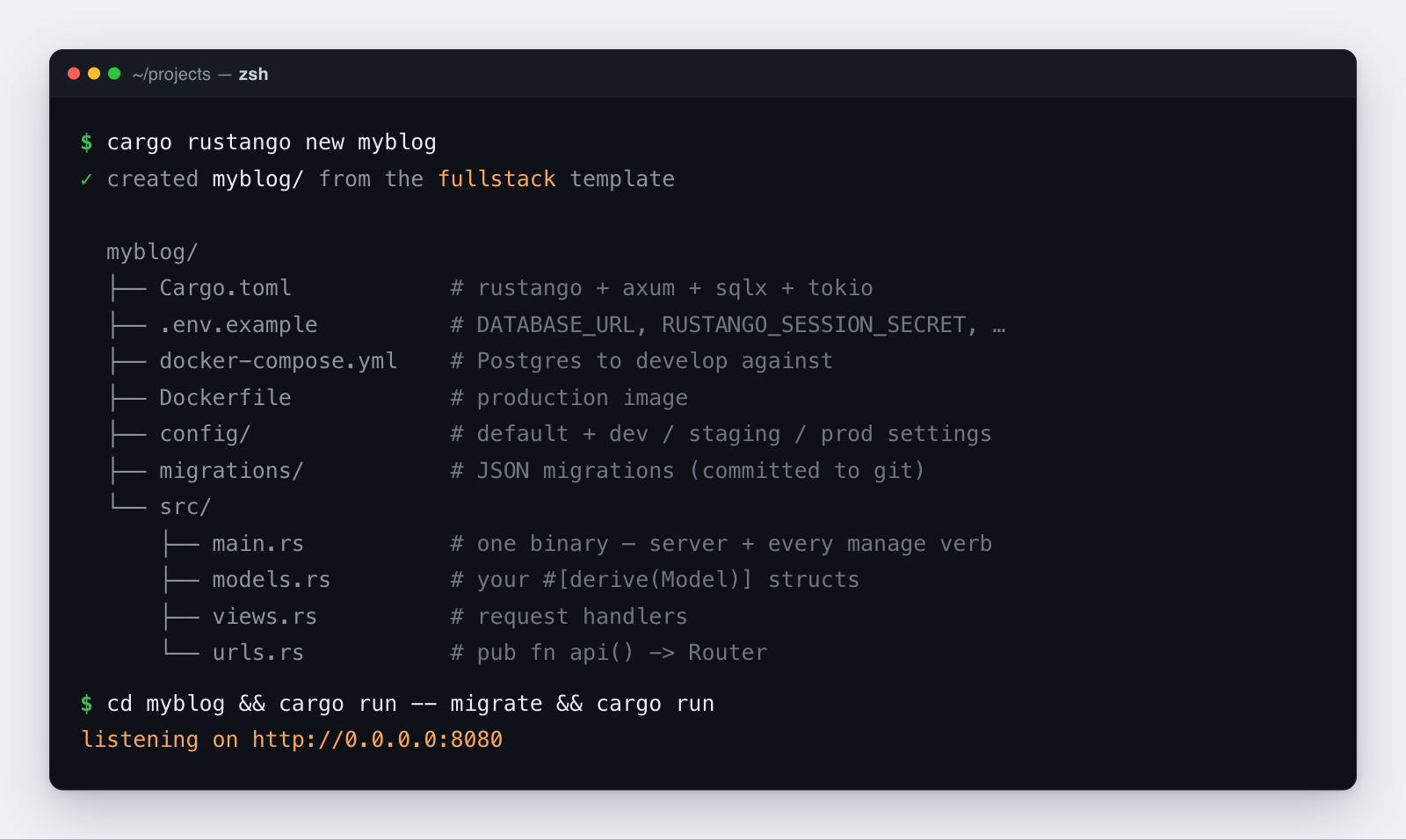 cargo rustango new scaffolds a complete, ready-to-run project — Cargo manifest, config tiers, Docker, migrations, and src — in one command